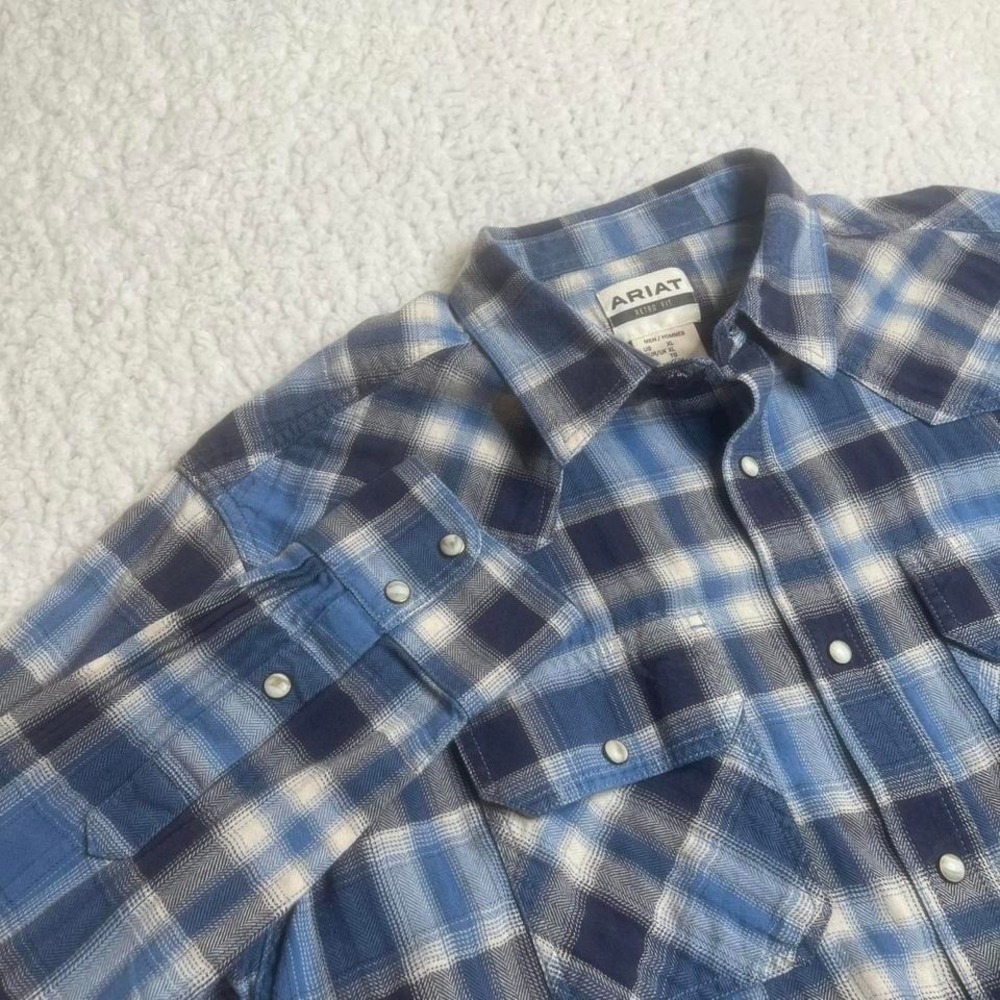 Ariat men's plaid blue flannel pearl snap long sleeve shirt western xl‎